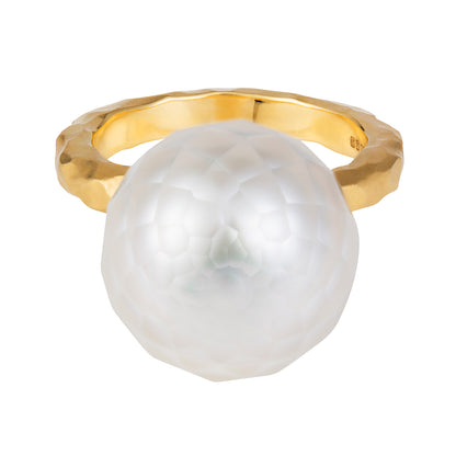 18ct yellow gold ring with faceted white South Sea Pearl floating on a chunky hammered band