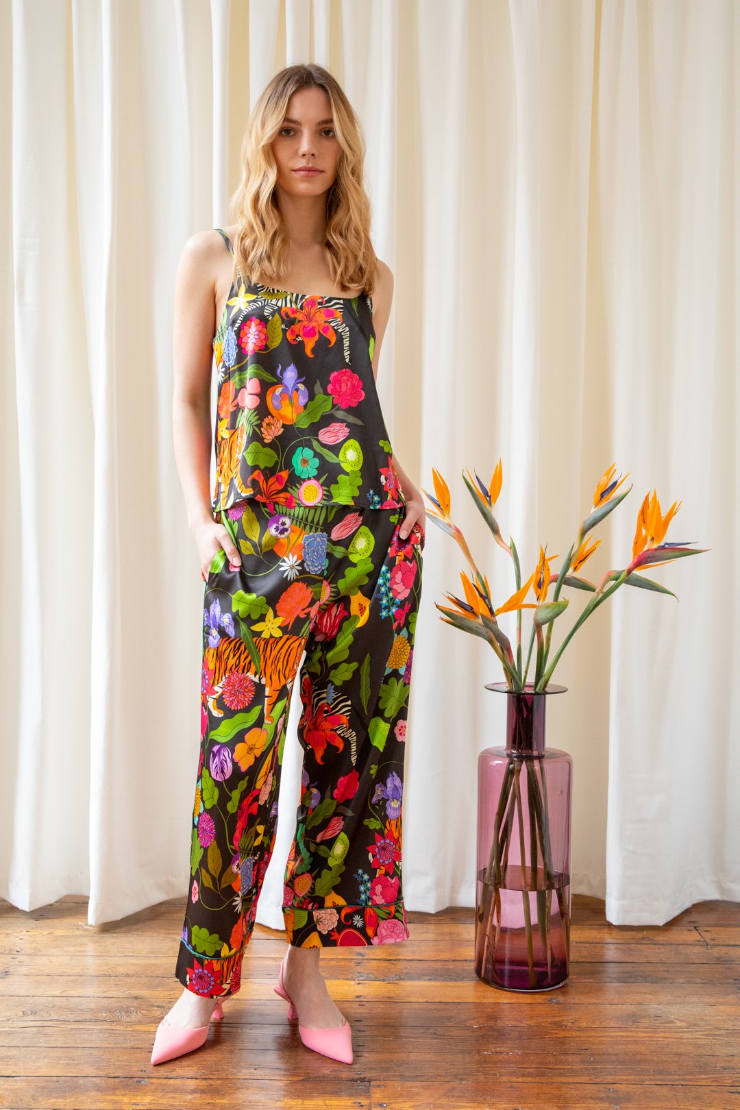 Karen Mabon Tiger Bouquet Silk Cami Pyjama Set on model