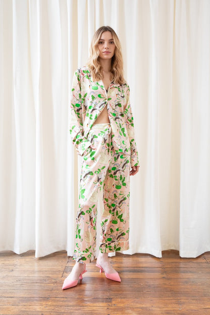 Karen Mabon Botanical Gardens Silk Pyjama Set on model