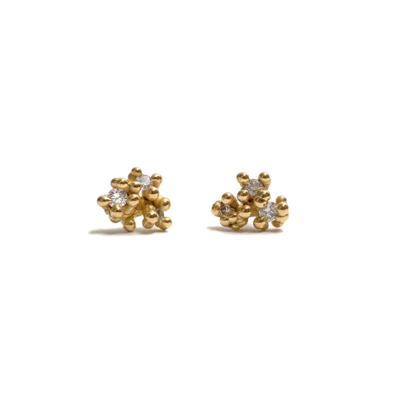 Ruth Tomlinson 18ct yellow gold cluster beaded granulation stud earrings set with 3 white diamonds.