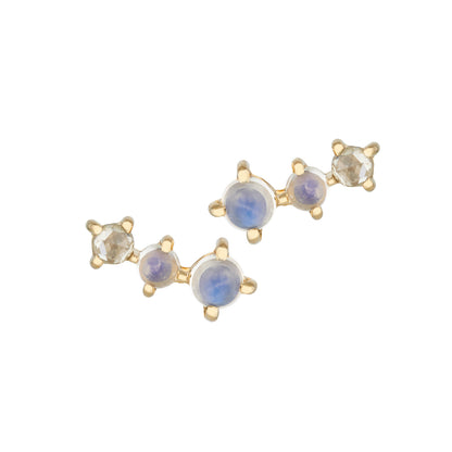 Celine Daoust 14k light yellow gold earrings with two Moonstones and one rose cut Diamond. 