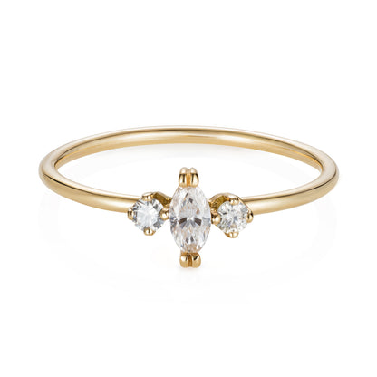 Sweet Pea 18ct yellow gold 3 stone diamond engagement ring with marquise diamond and round brilliant cut diamonds either side.  