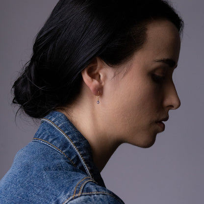 18ct yellow gold fine hook earrings with cornflour blue Sapphire drop on model