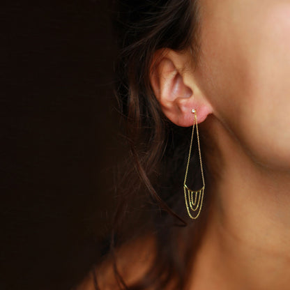 Sweet Pea 18ct yellow gold and diamond stud Nouveau Now chandelier earrings on model.