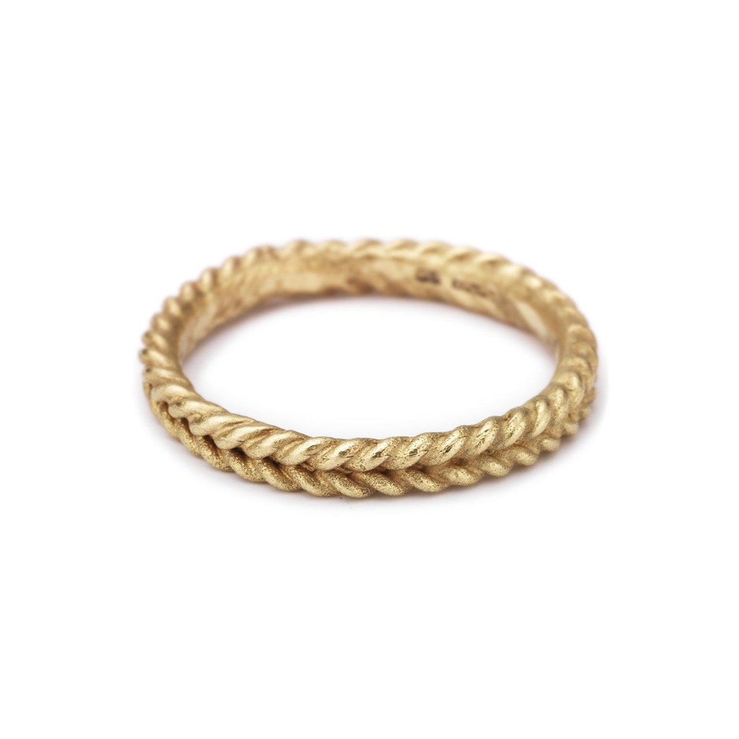  14ct brushed yellow gold Ruth Tomlinson double rope plaited band ring. Alternative wedding ring.