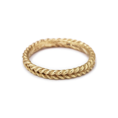  14ct brushed yellow gold Ruth Tomlinson double rope plaited band ring. Alternative wedding ring.