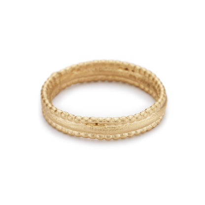 14ct brushed yellow gold Ruth Tomlinson beaded edge band ring. Alternative wedding band ring.