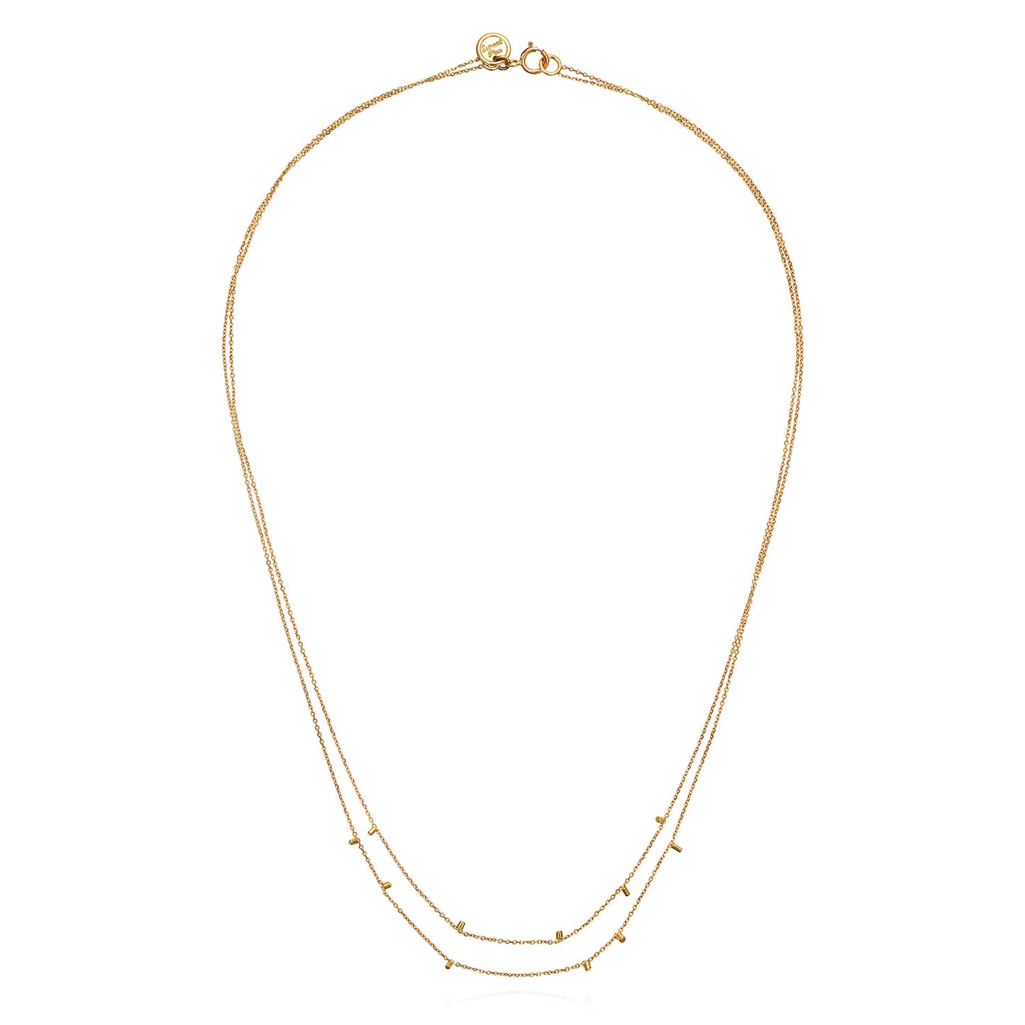 This cute 18 ct yellow double strand necklace is made of fine chain sprinkled with a shimmering of gold embellishments and is part of our Gold Dust Collection.  