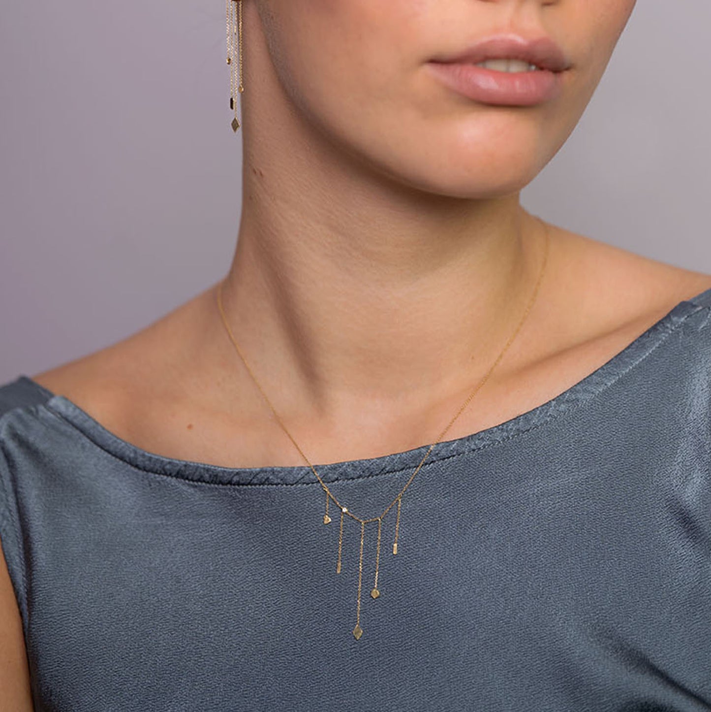 Sweet Pea 18ct gold Kaleidoscope 5 strand chain drop necklace with textured shapes and diamond on model