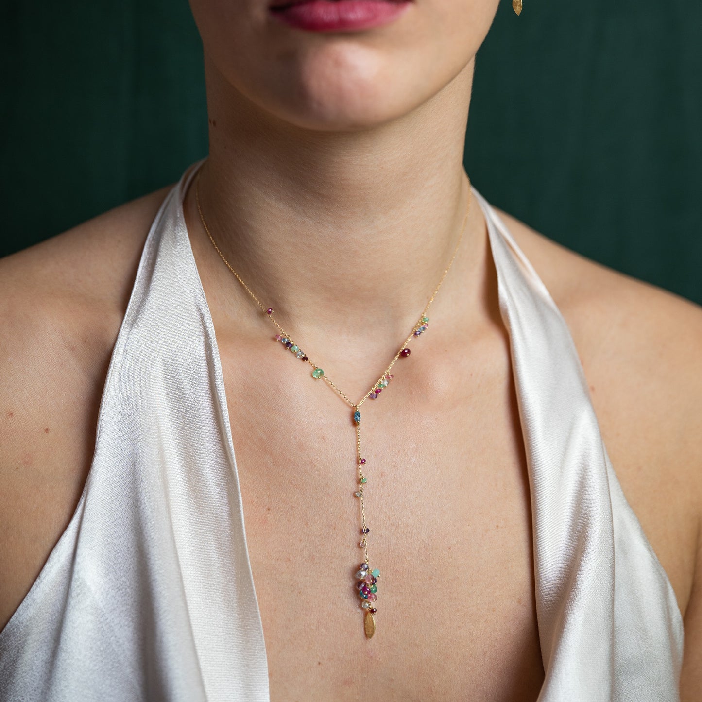 romantic world y shaped blue topaz necklace on model