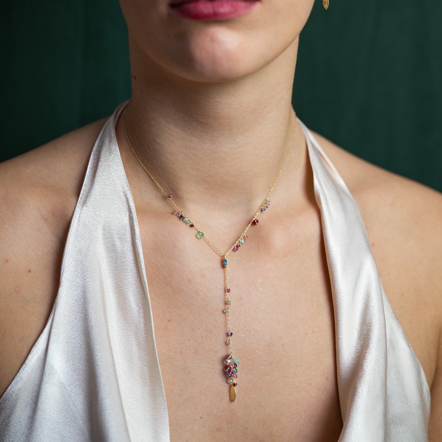 romantic world y shaped blue topaz necklace on model