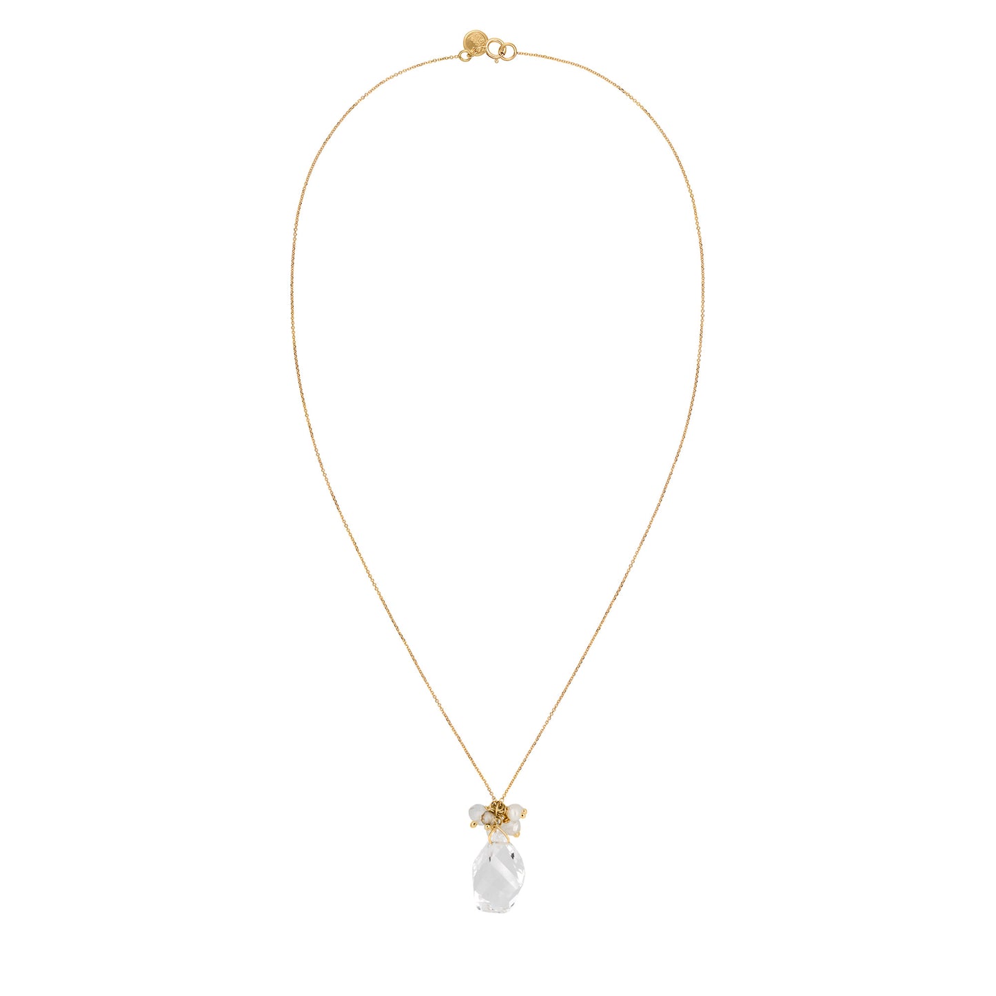 18ct Gold Goddess of Love necklace with clusters of Pearl and Crystal beads/drops.