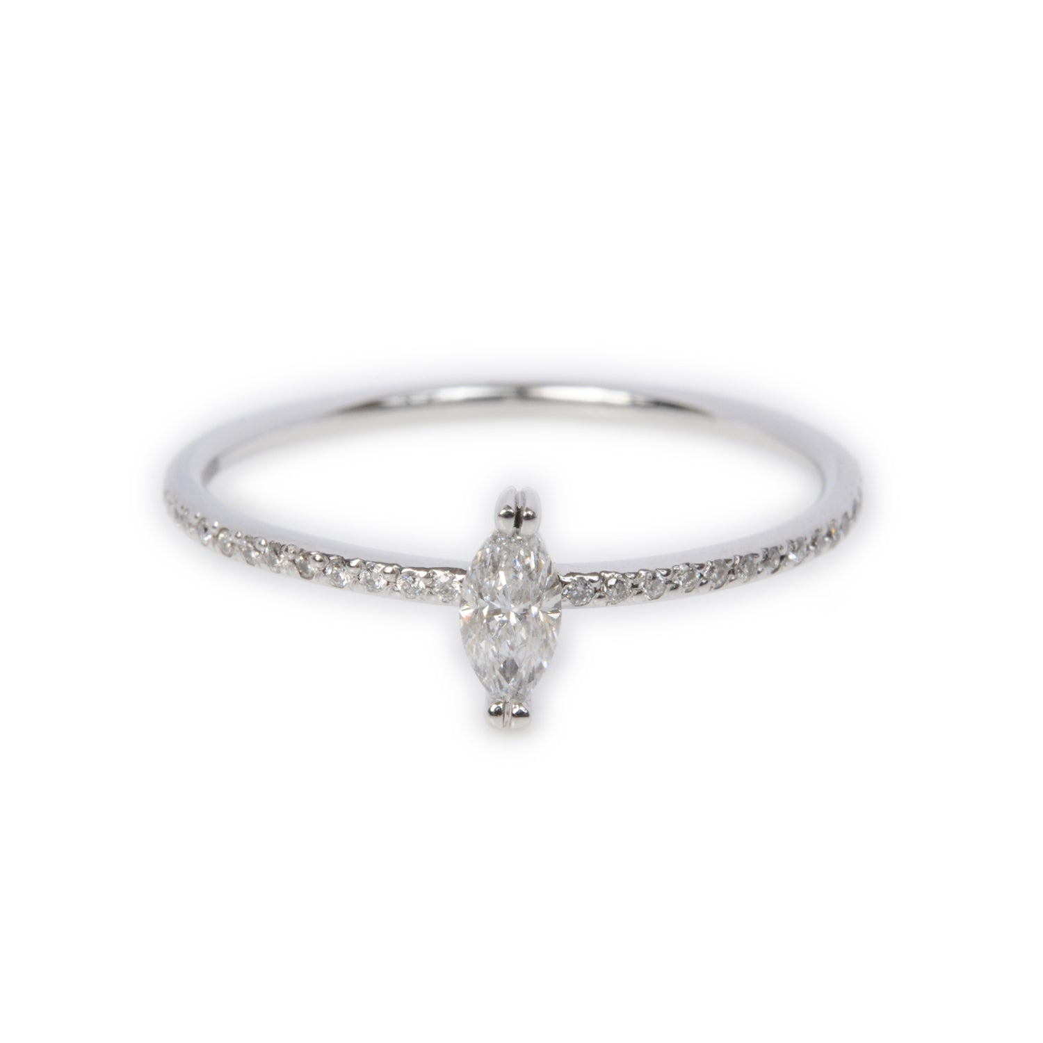 Sweet Pea 18ct white gold marquise diamond engagement ring with diamond set band.
