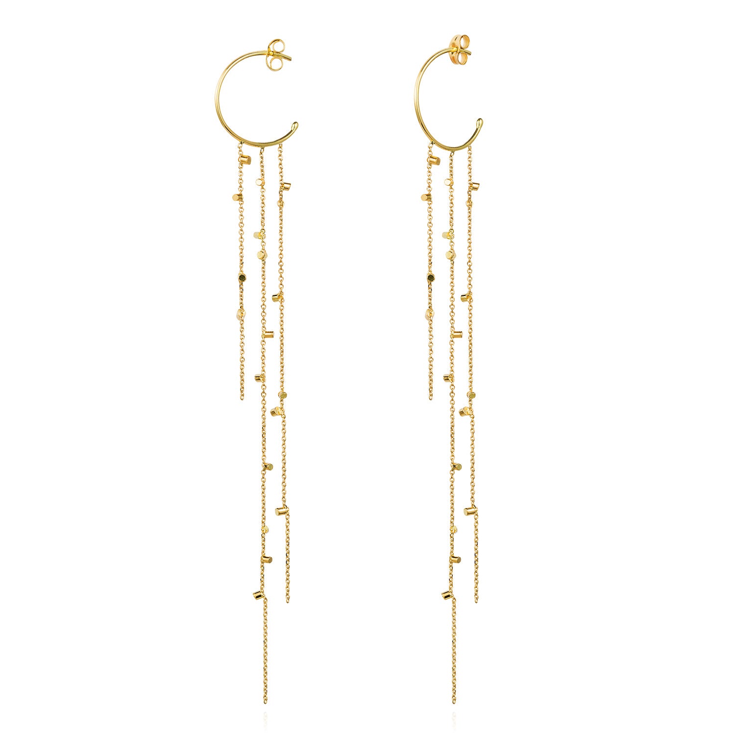These fabulous hoop earrings are part of our Gold Dust Collection. The Hoops have three strands of 18ct yellow fine chain sprinkled with a shimmering of gold embellishments