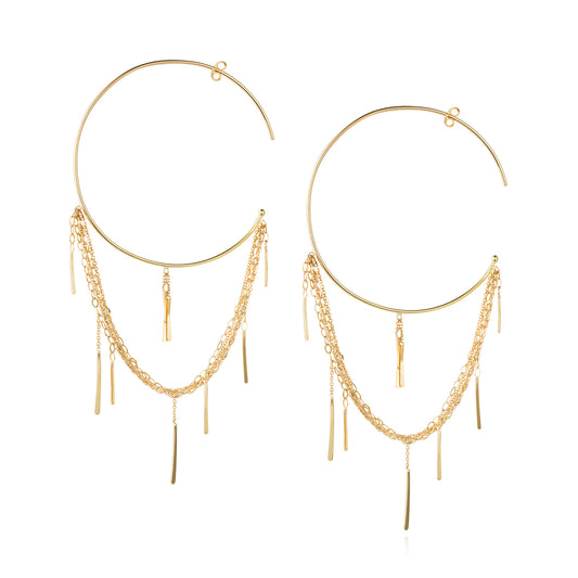 18ct gold large hoops with a looped layer of chains and hanging bars