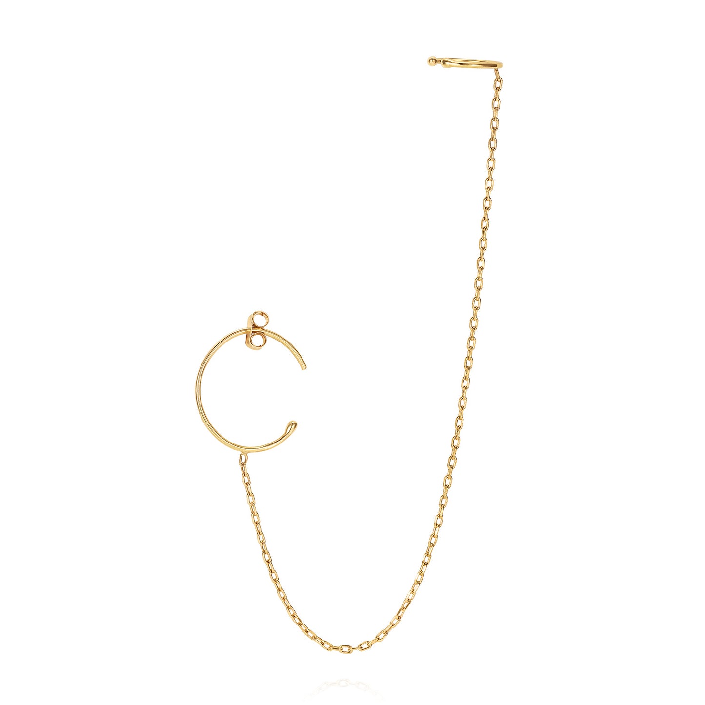 18 ct yellow gold hoop earring with chain attached to cuff for a modern Sweet Pea look.