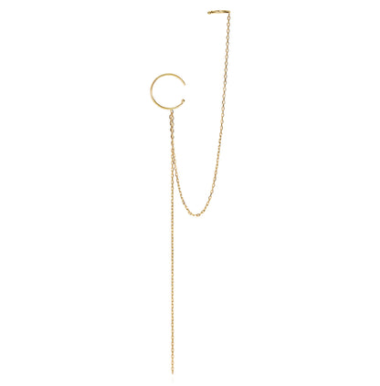 18 ct yellow gold hoop earring with chain attached to cuff and long chain drop for a modern Sweet Pea look.