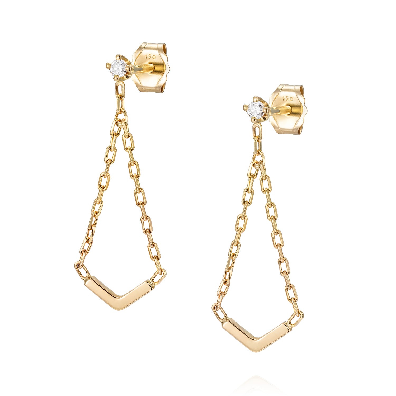 Gatsby Glamour yellow gold diamond stud chain large V earrings  Edit alt text