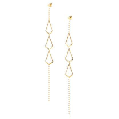 18ct yellow gold square stud long earrings with 3 V shaped drops and chain tails 
