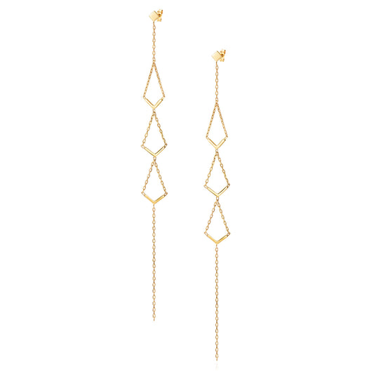 18ct yellow gold square stud long earrings with 3 V shaped drops and chain tails 