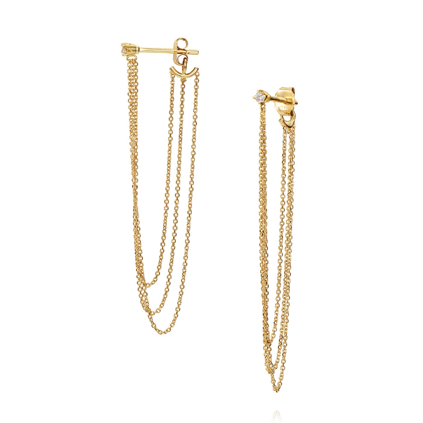 Sweet Pea 18ct yellow gold Nouveau Now back to front layered chain earrings with white diamond studs.