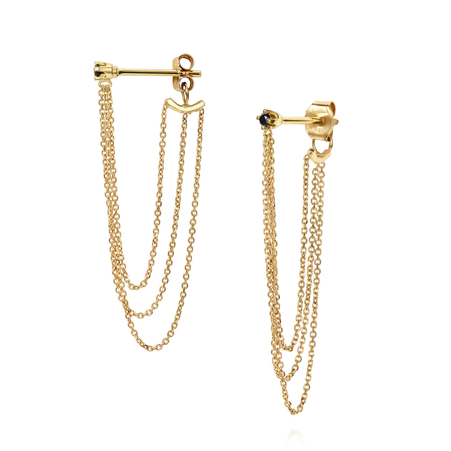 Sweet Pea 18ct yellow gold Nouveau Now back to front layered chain earrings with black diamond studs.