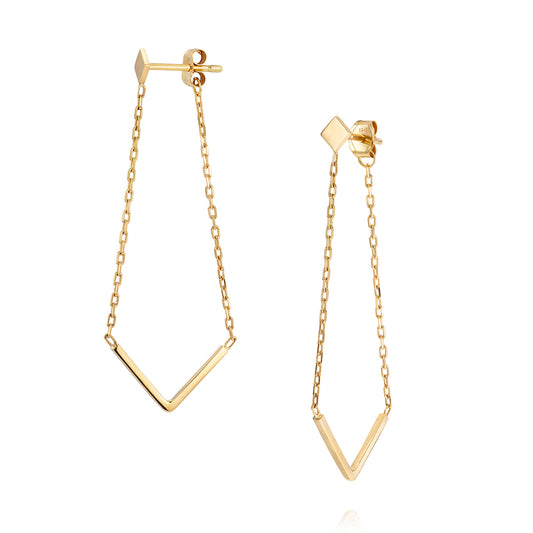 18ct yellow gold huggie earrings with a gold square stud and hanging chain and V shaped detail that hug the ear lobe 