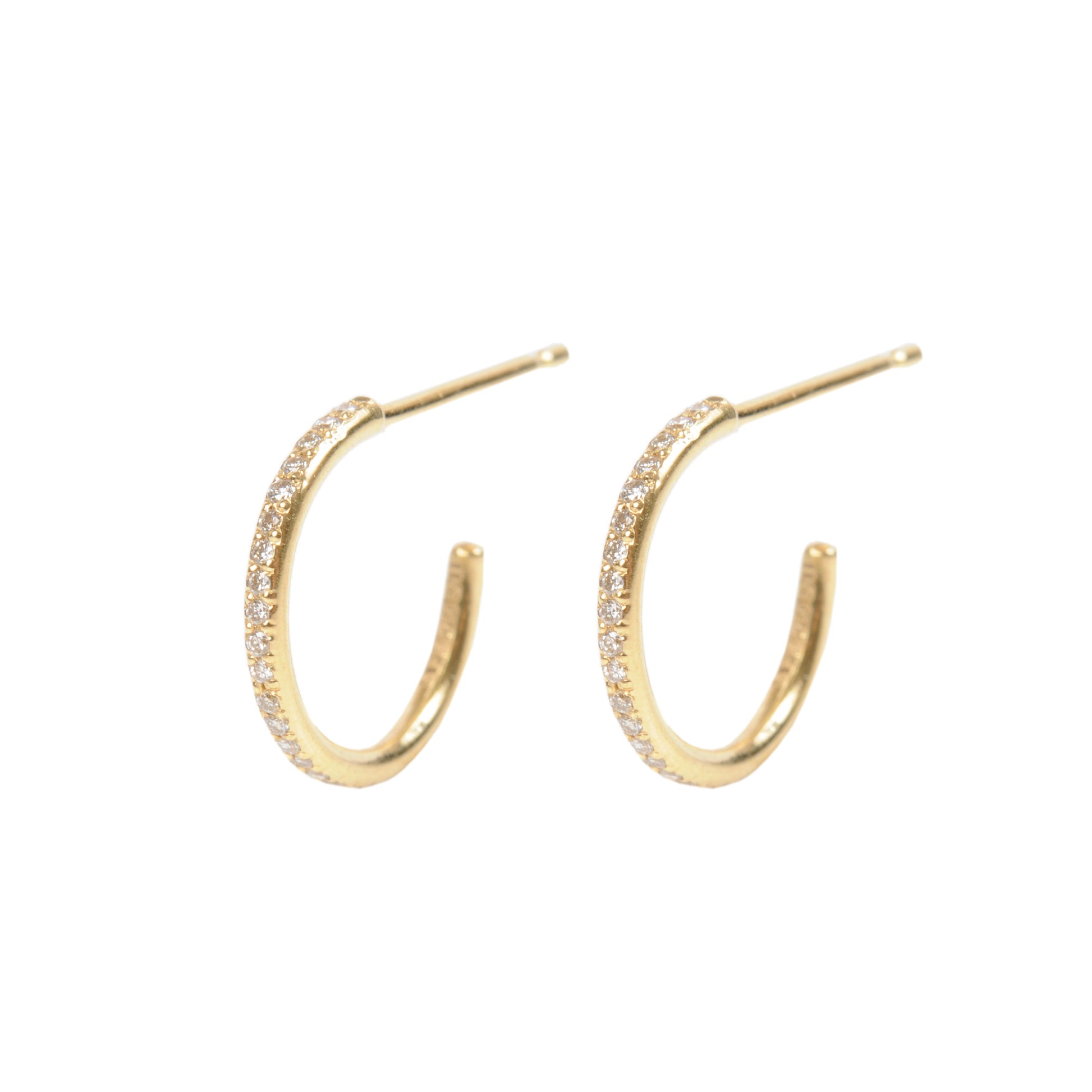 18ct yellow gold hoop earrings pave set with a line of Diamonds