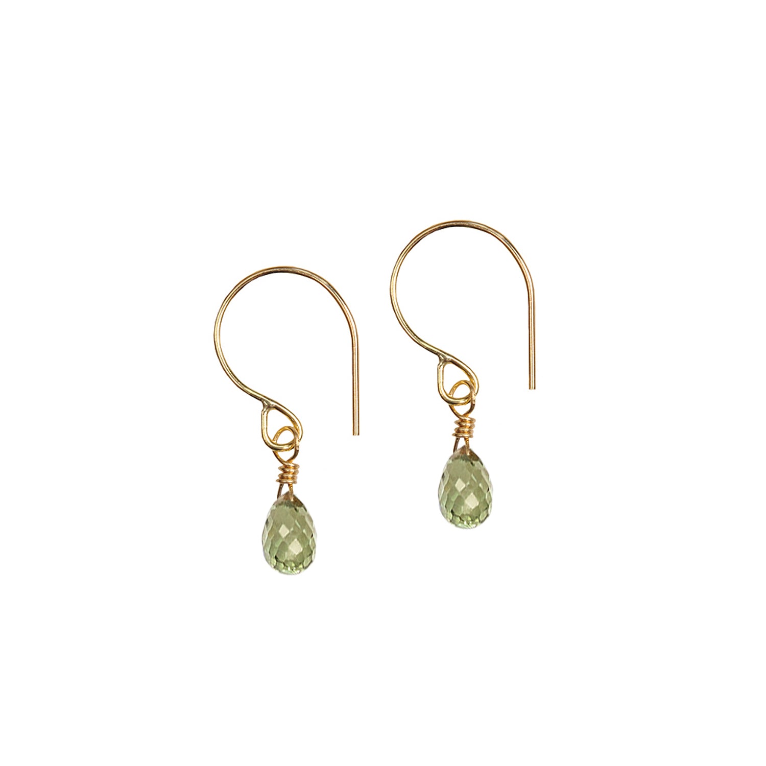 18ct yellow gold fine hook earrings with small green Sapphire drop