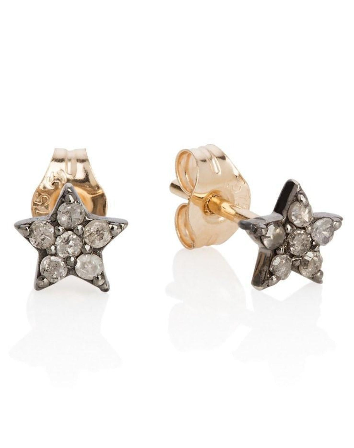 Laura Lee oxidised silver diamond set star stud earrings with 9ct yellow gold posts and butterfly backs.