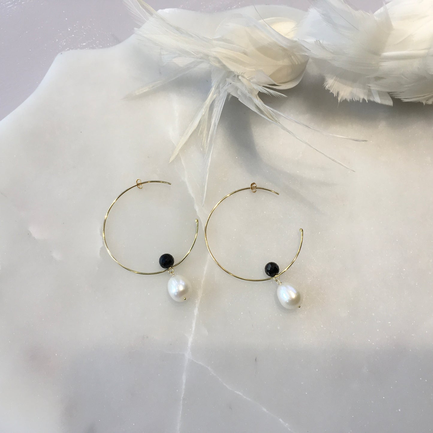 Pearl and Floating Onyx Ball Large Hoops