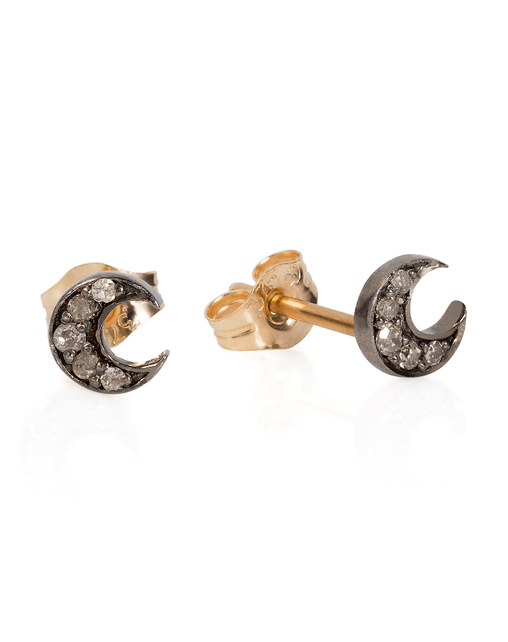 Laura Lee oxidised silver diamond set crescent moon stud earrings with 9ct yellow gold posts and butterfly backs.