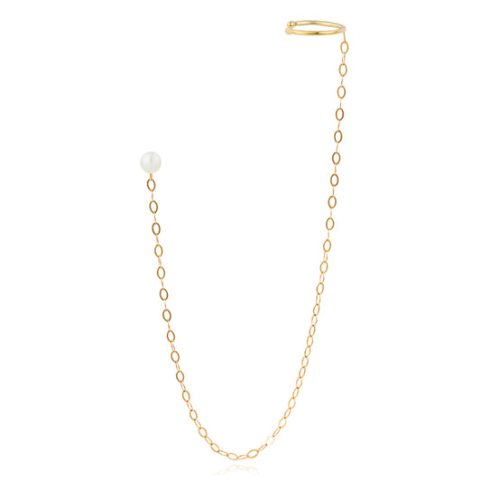 18 ct yellow gold pearl stud with chain and ear cuff