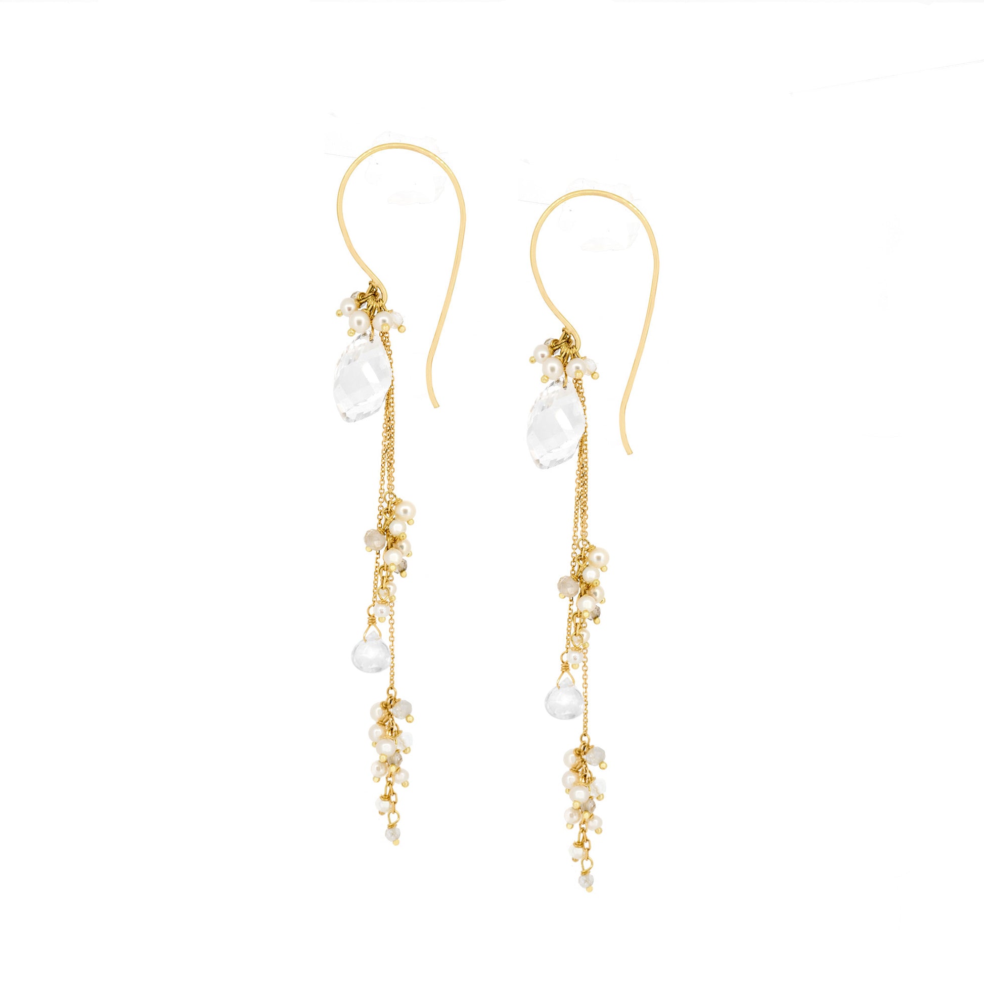 18ct Gold large hook earrings with chains, Pearls and Crystal beads/drops.