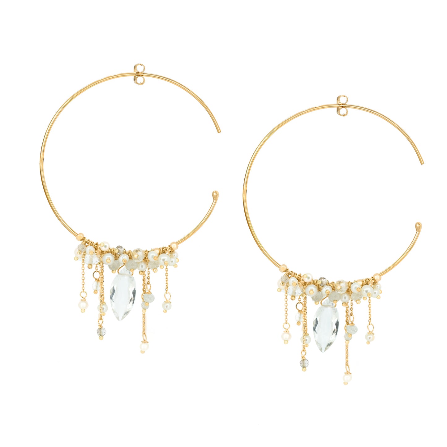 18ct Gold Goddess of Love hoop earrings with clusters of Pearl and Crystal beads/drops.