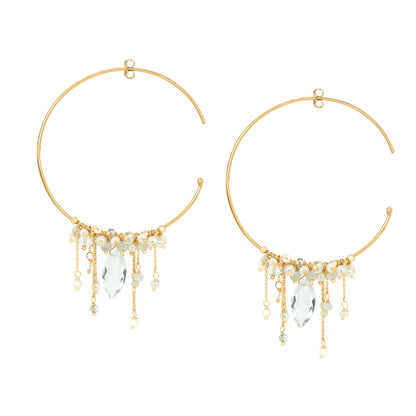 18ct Gold Goddess of Love hoop earrings with clusters of Pearl and Crystal beads/drops.