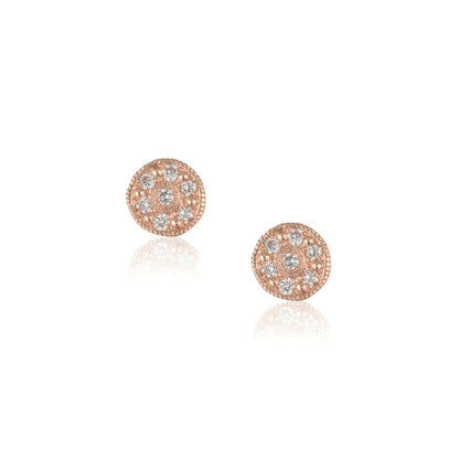 Brooke Gregson 18ct rose gold 'Mini Mars' disc stud earrings set with 7 white diamonds.