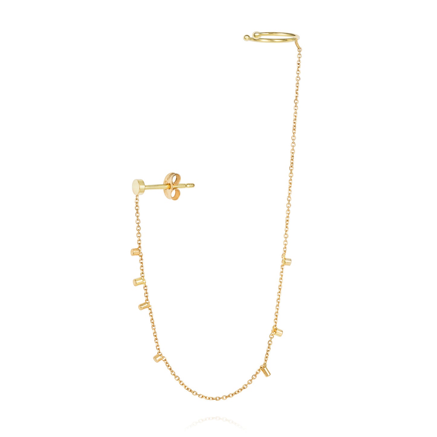This modern 18ct yellow gold stud to cuff earring is connected by fine chain sprinkled with a shimmering of gold embellishments.