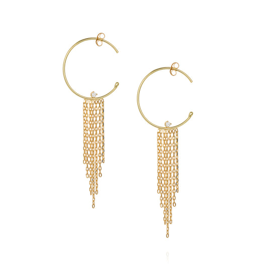 18ct yellow gold small hoops with diamond and tapered fringe