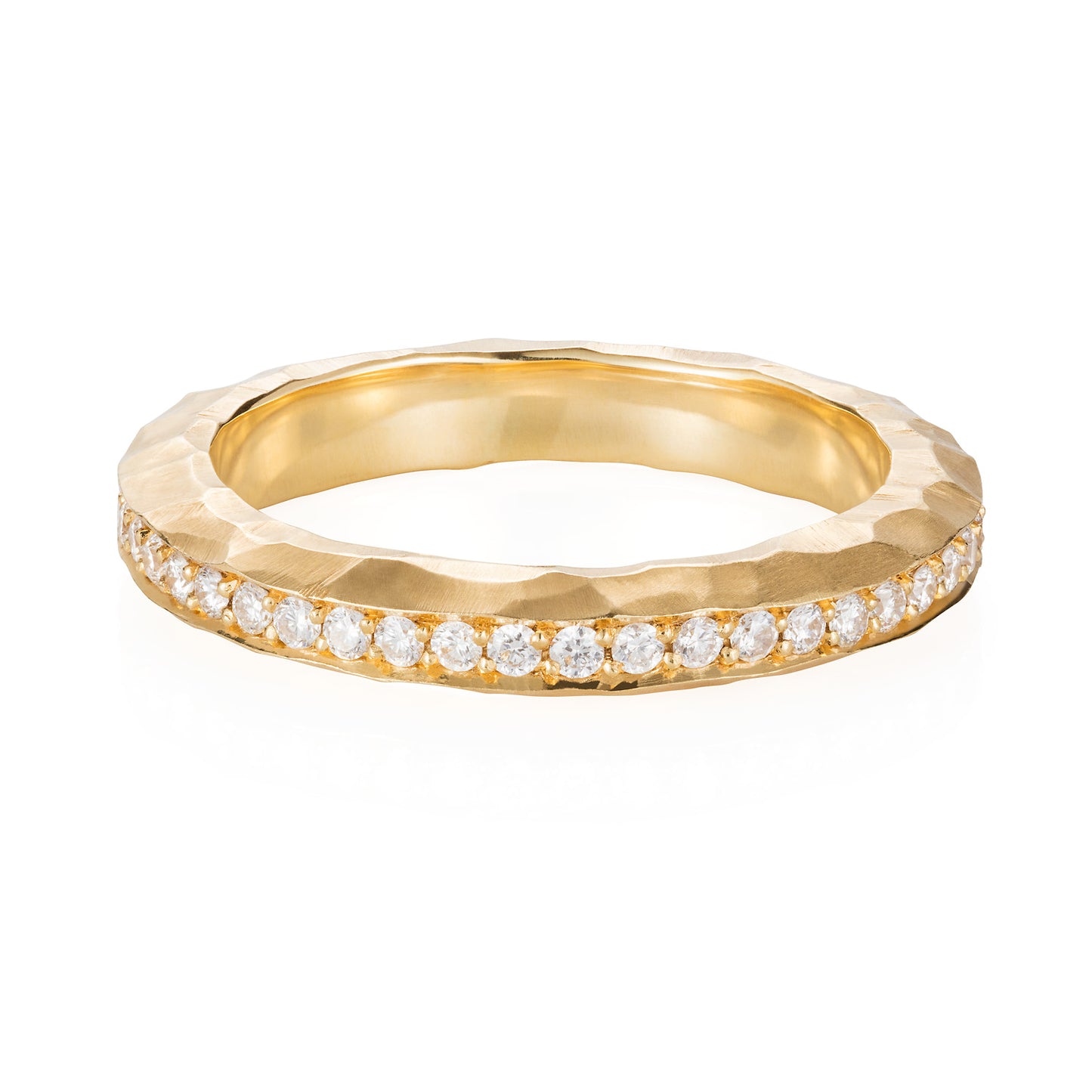 Sweet Pea 18ct yellow gold chunky hammered diamond eternity band ring with pave set white diamond