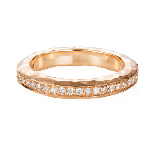 Sweet Pea 18ct rose gold chunky hammered diamond eternity band ring with pave set champagne diamonds