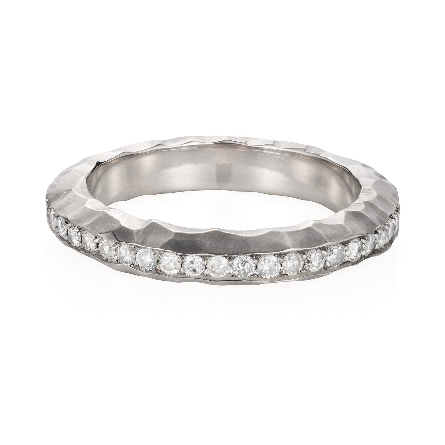 Sweet Pea 18ct white gold chunky hammered diamond eternity band ring with pave set grey diamonds