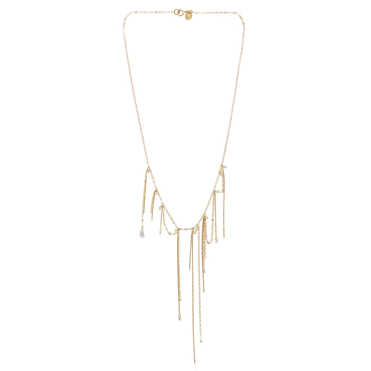 18ct yellow gold oval chain necklace with tassel of chain with seed Pearls and Moonstone drops