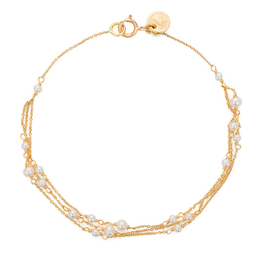 18ct yellow gold fine chain 3 strand bracelet with seed pearls