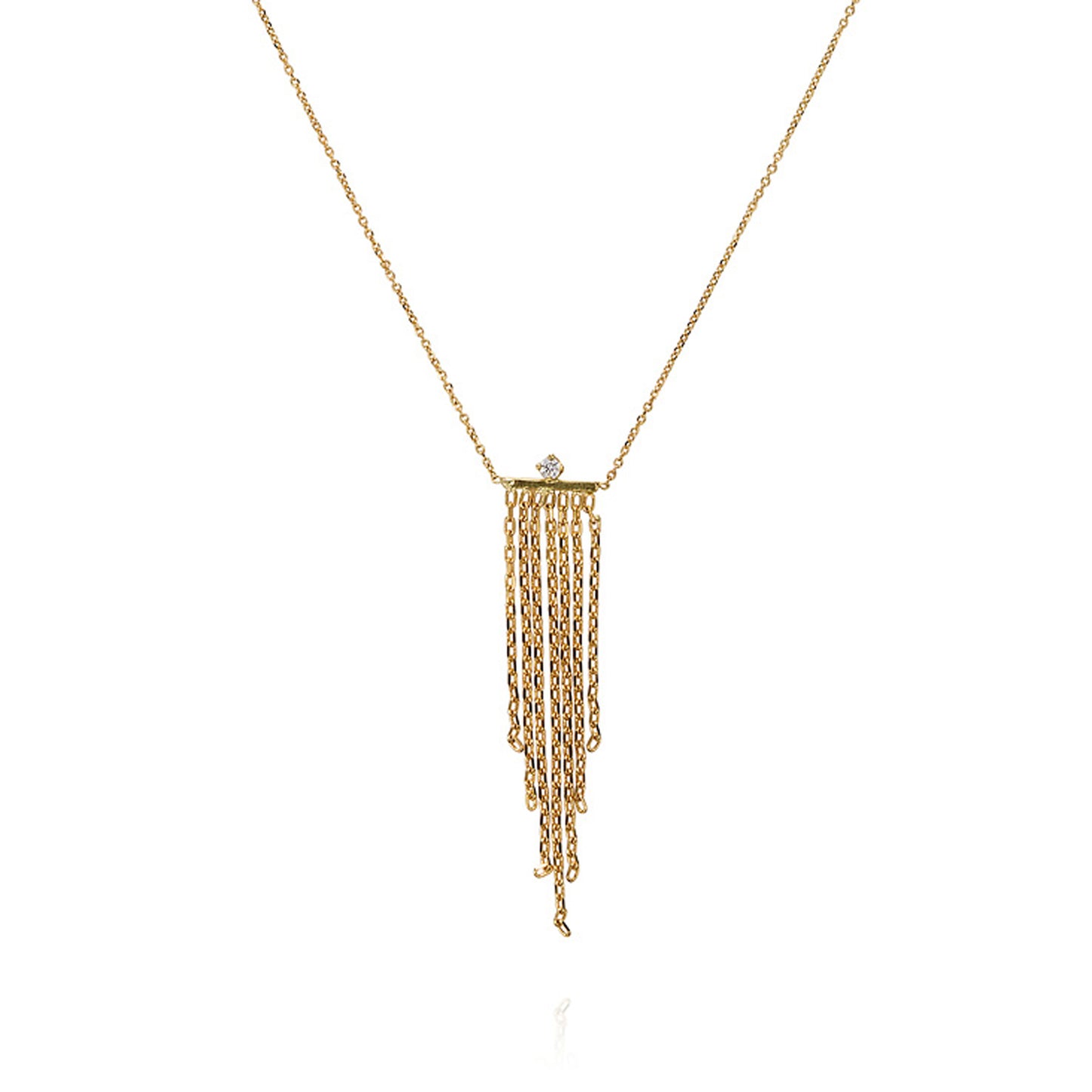 18ct yellow gold fine chain necklace with diamond and tapered fringe