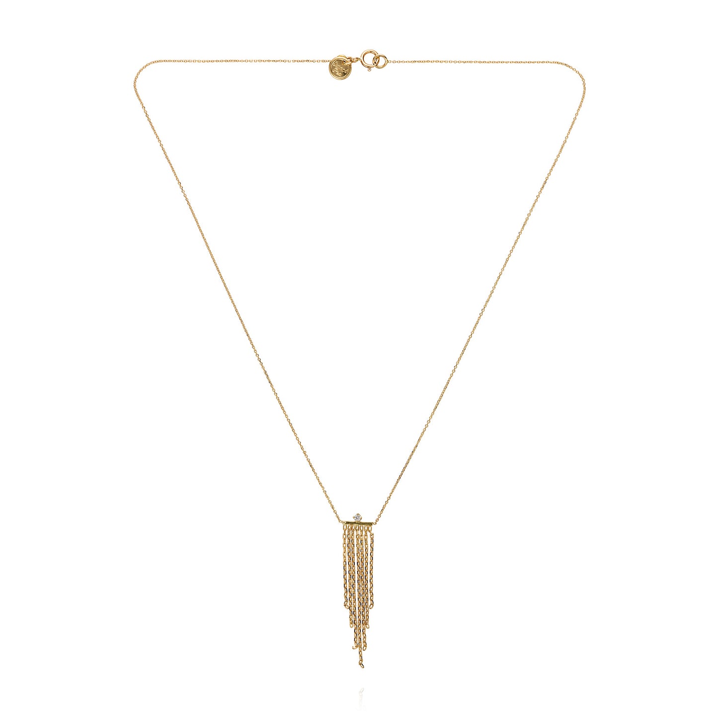 18ct yellow gold fine chain necklace with diamond and tapered fringe