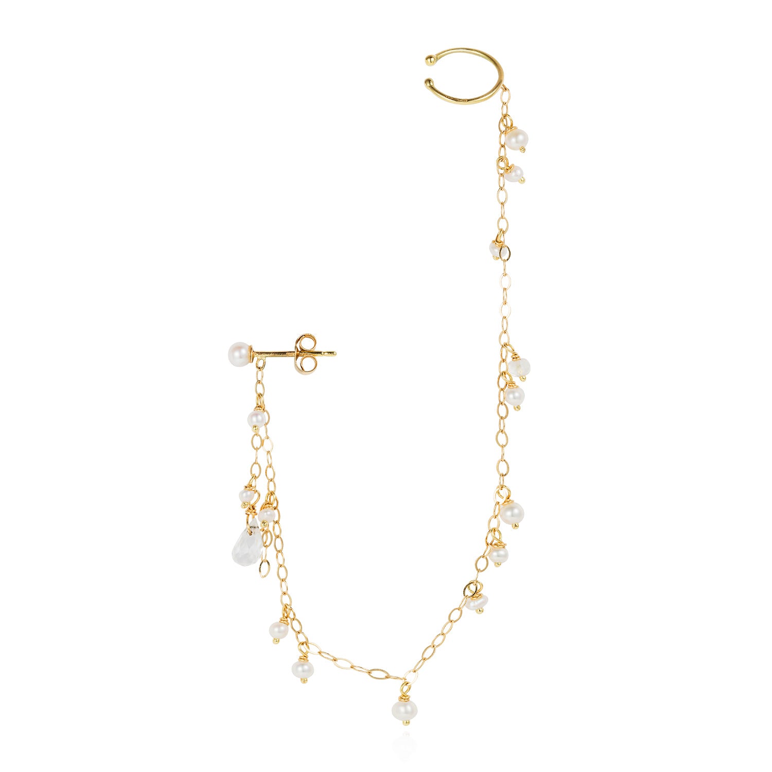 18ct yellow thread through long chain earring with ear cuff with seed Pearl and Moonstone