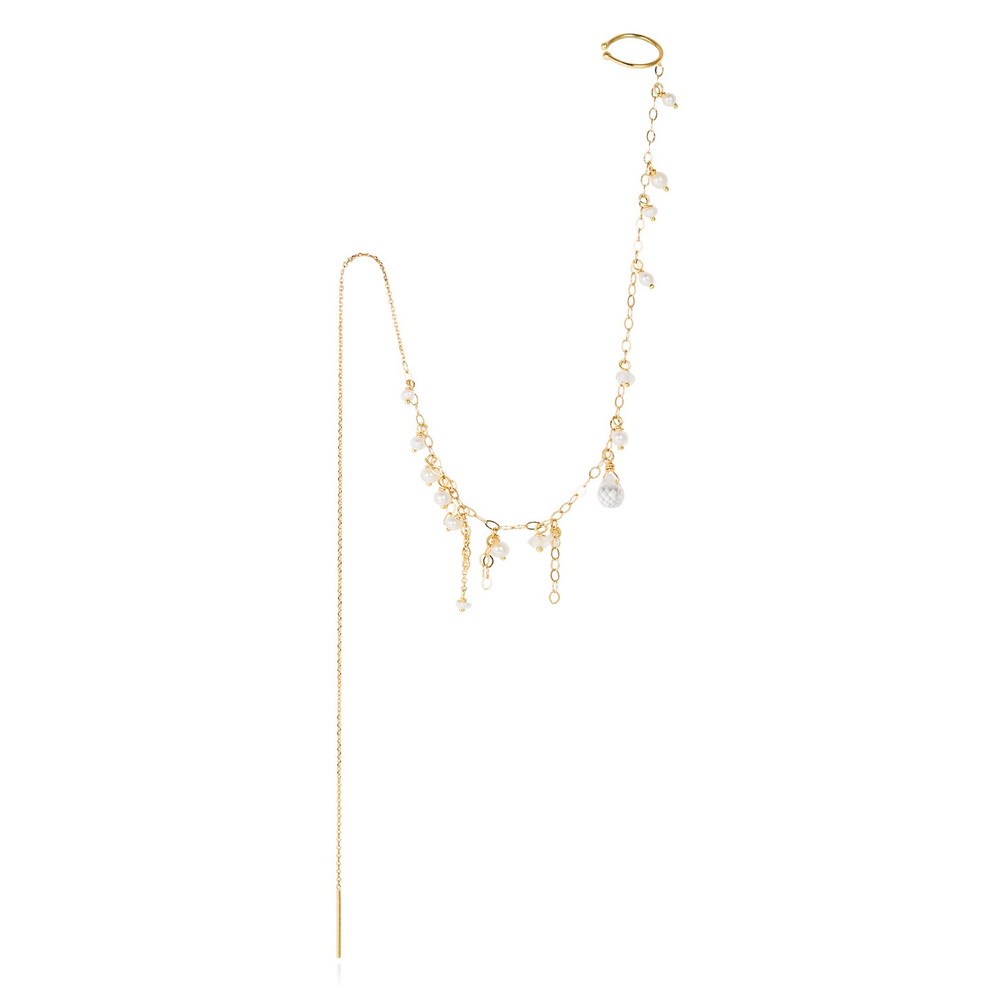 18ct yellow thread through long chain earring with ear cuff with seed Pearl and Moonstone