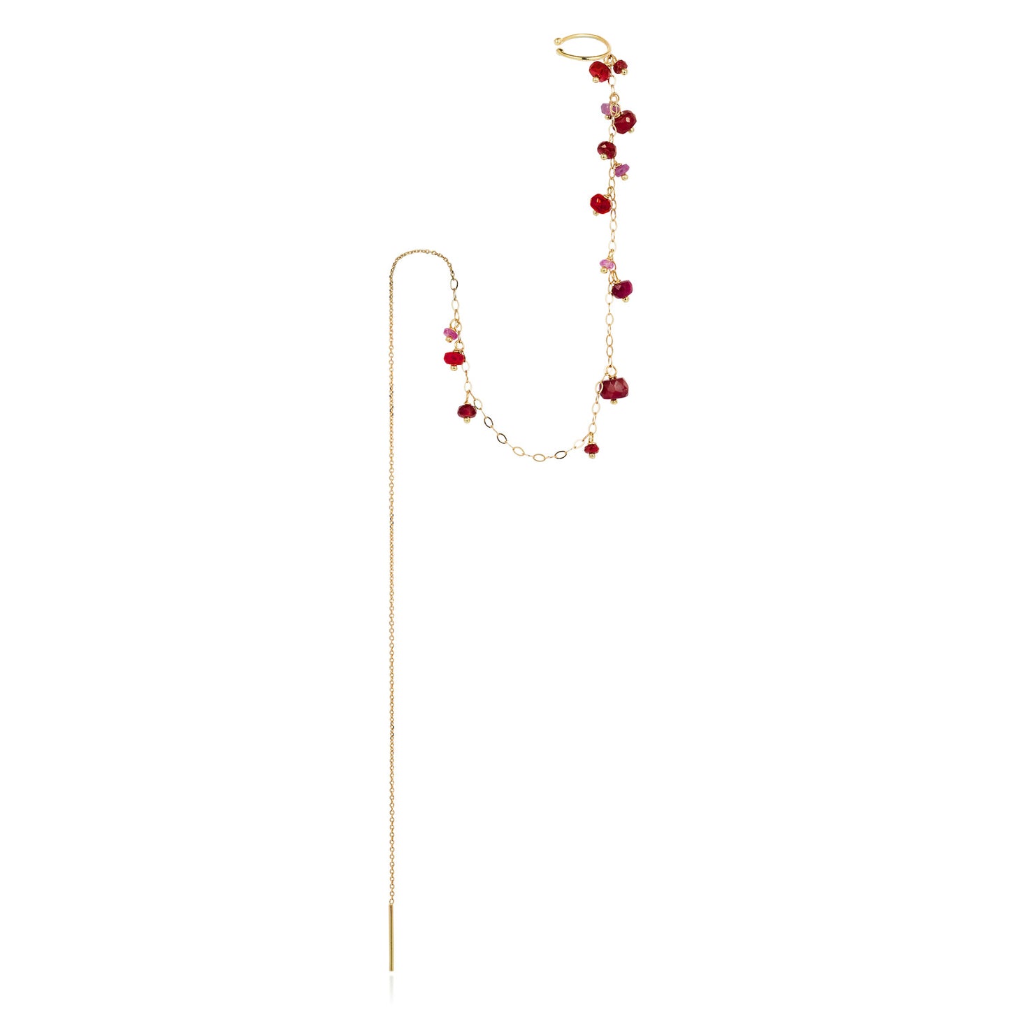 18 ct yellow gold thread though earring with chain to ear cuff and Ruby beads