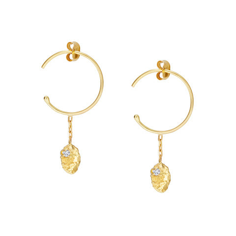 Sweet Pea Moonscape recycled 18ct yellow gold nugget set with white diamond baby hoop earrings.